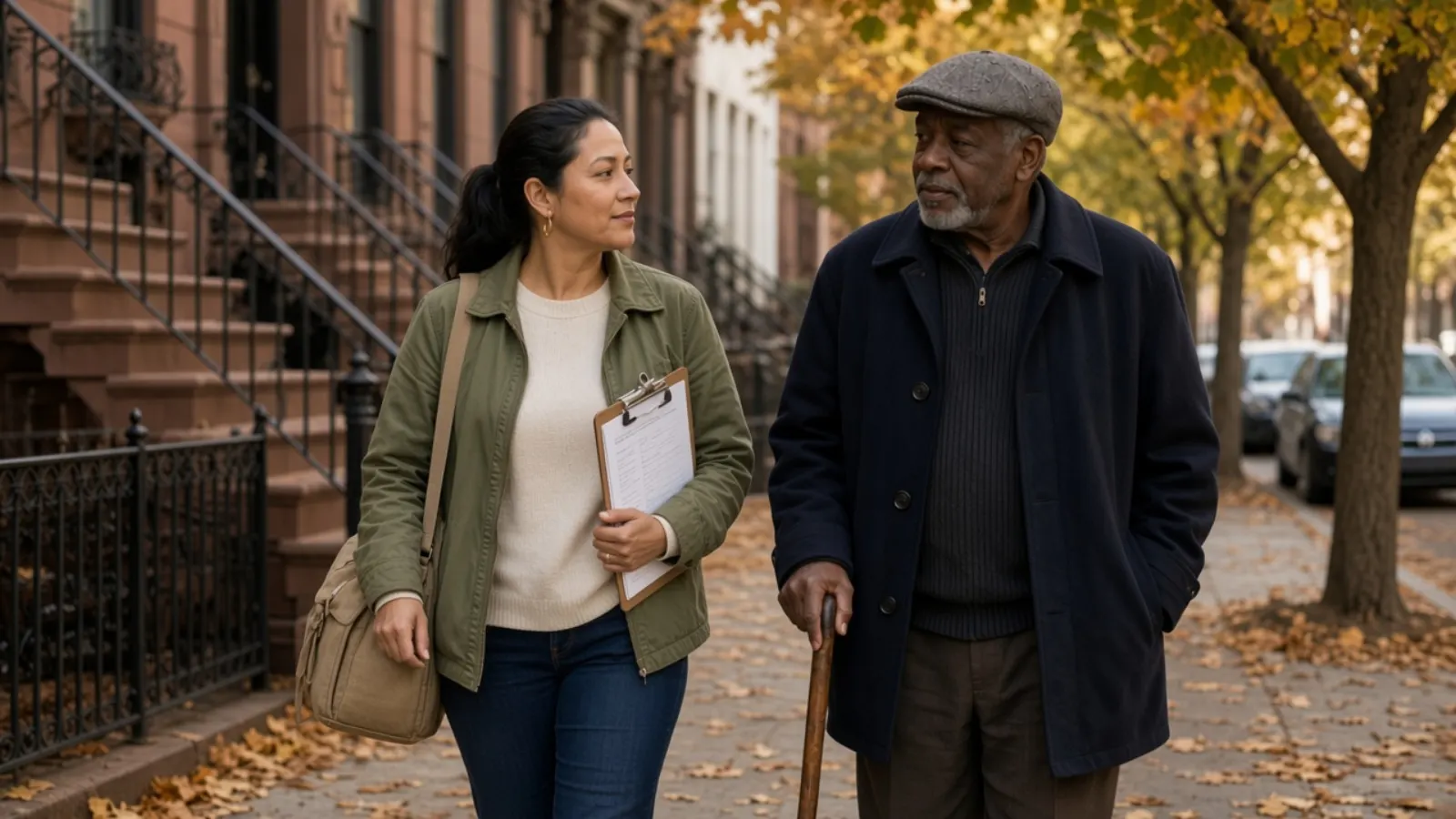 Illustrative photograph of neighborhood follow-through between visits, with a clinical bag in hand. Not Kept Count staff, customers, or patients.