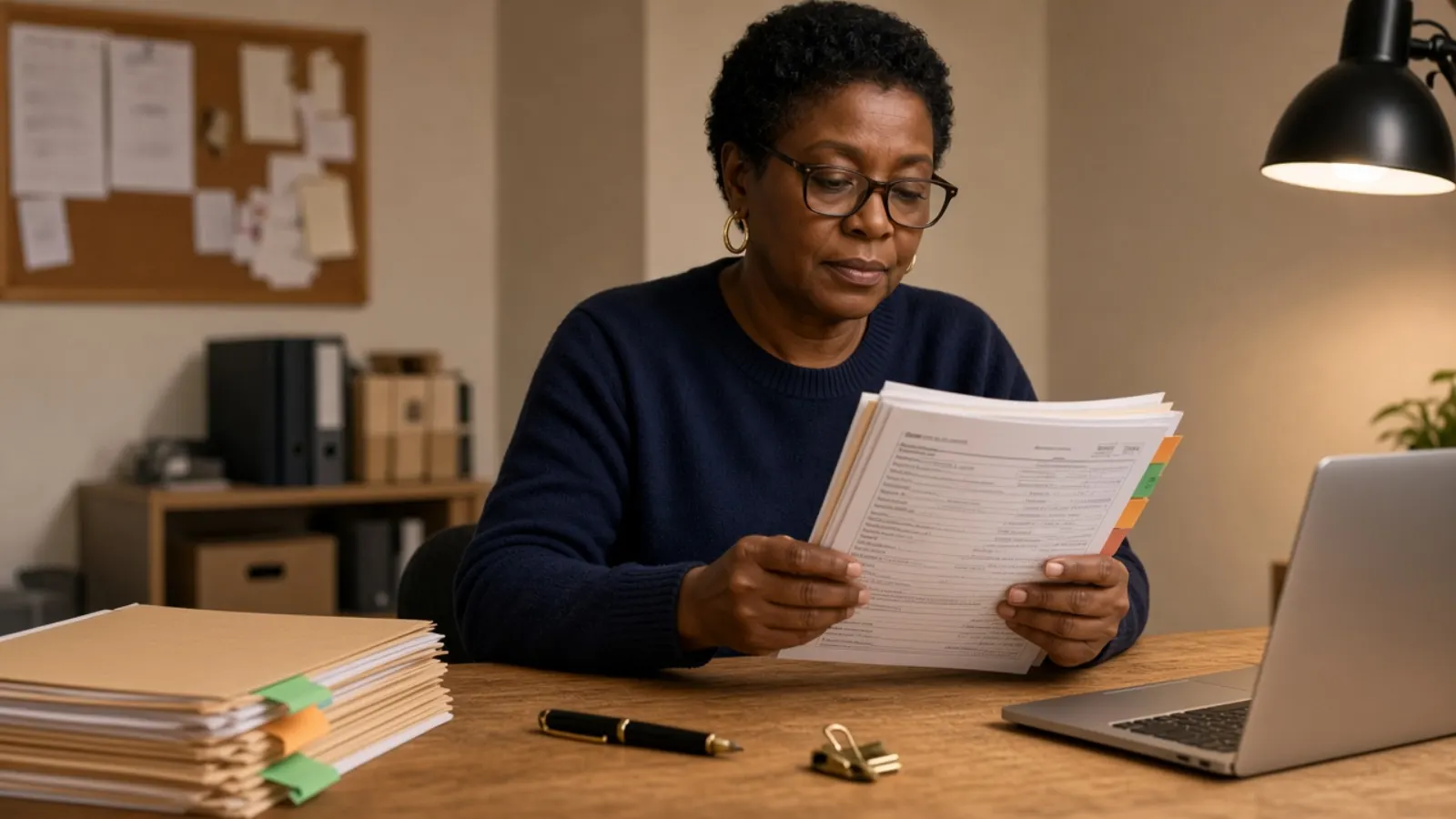 Illustrative photograph of one reviewer with a medical chart packet before billing handoff. Not Kept Count staff, customers, or patients.