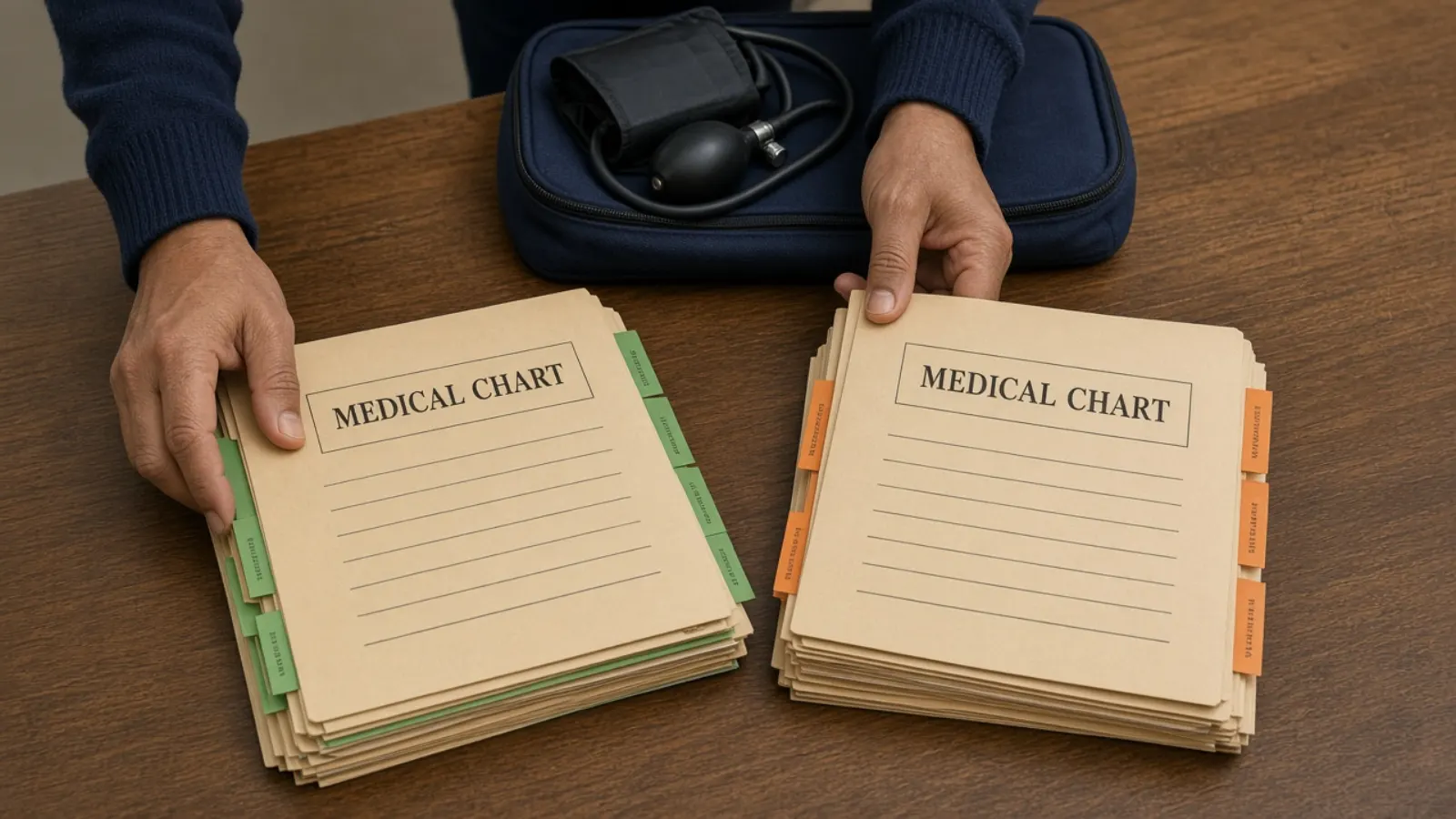 Illustrative photograph of one reviewer sorting medical charts into supported and held stacks. Not Kept Count staff, customers, or patients.