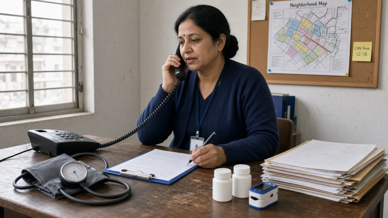 Illustrative photograph of community care coordination with visit notes and a blood-pressure cuff. Not Kept Count staff, customers, or patients.