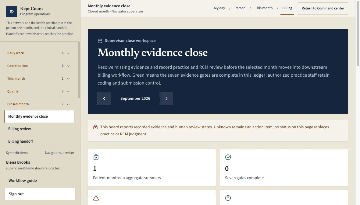 Kept Count monthly evidence close with human-review gates before billing handoff