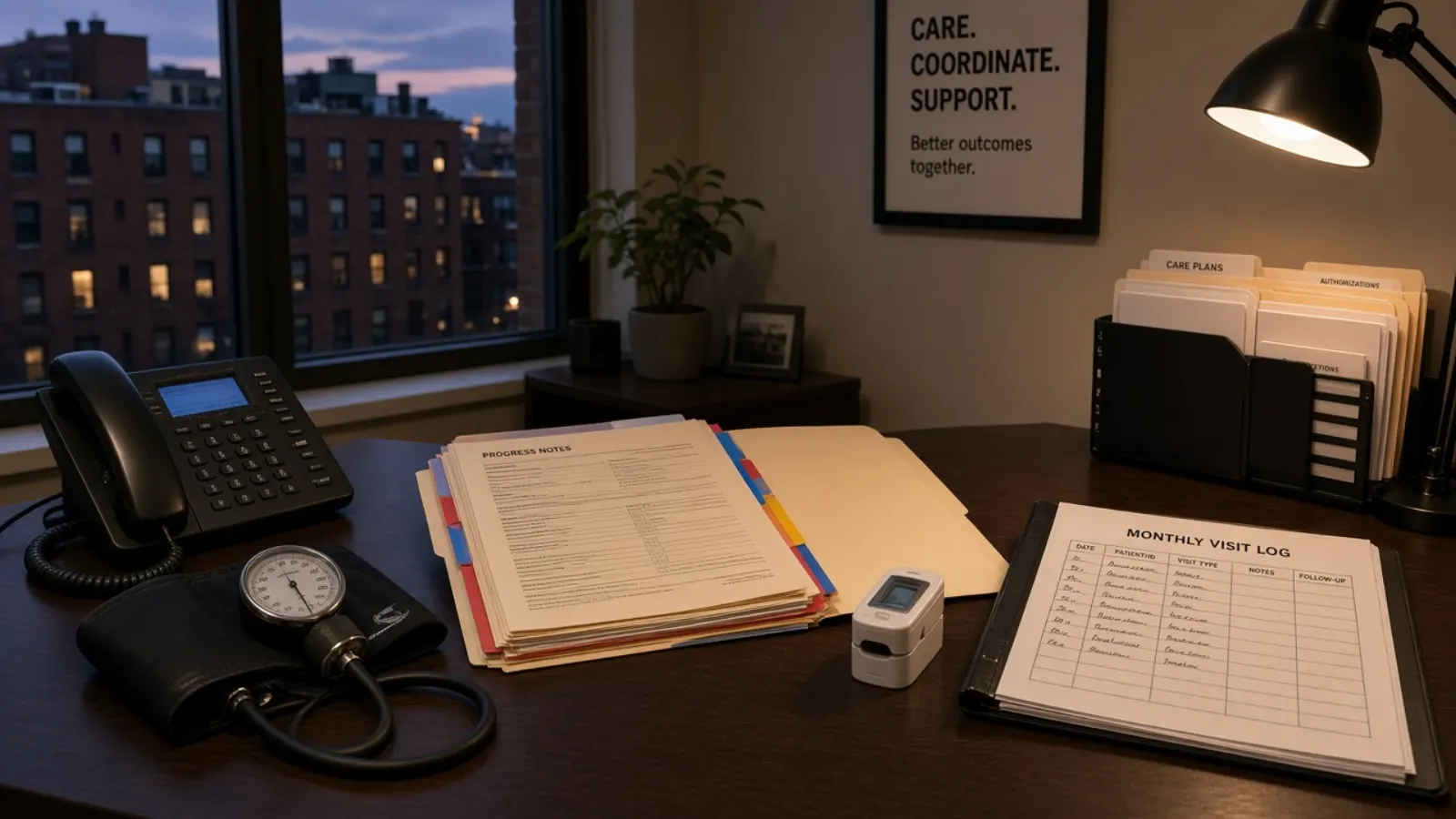Illustrative still life of an after-hours chart, blood-pressure cuff, and follow-up phone. Not Kept Count staff, customers, or patients.