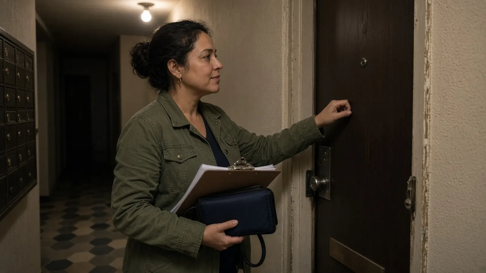 Illustrative photograph of a community health worker knocking at a hallway door with a clipboard and blood-pressure cuff. Not Kept Count staff, customers, or patients.