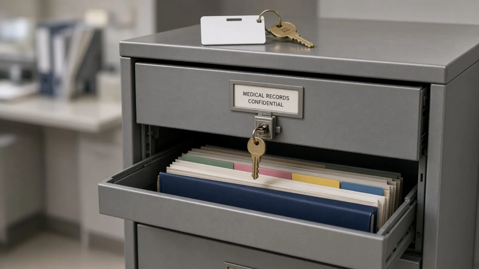 Illustrative still life of locked medical charts in an access-bounded drawer. Not Kept Count staff, customers, or patients.