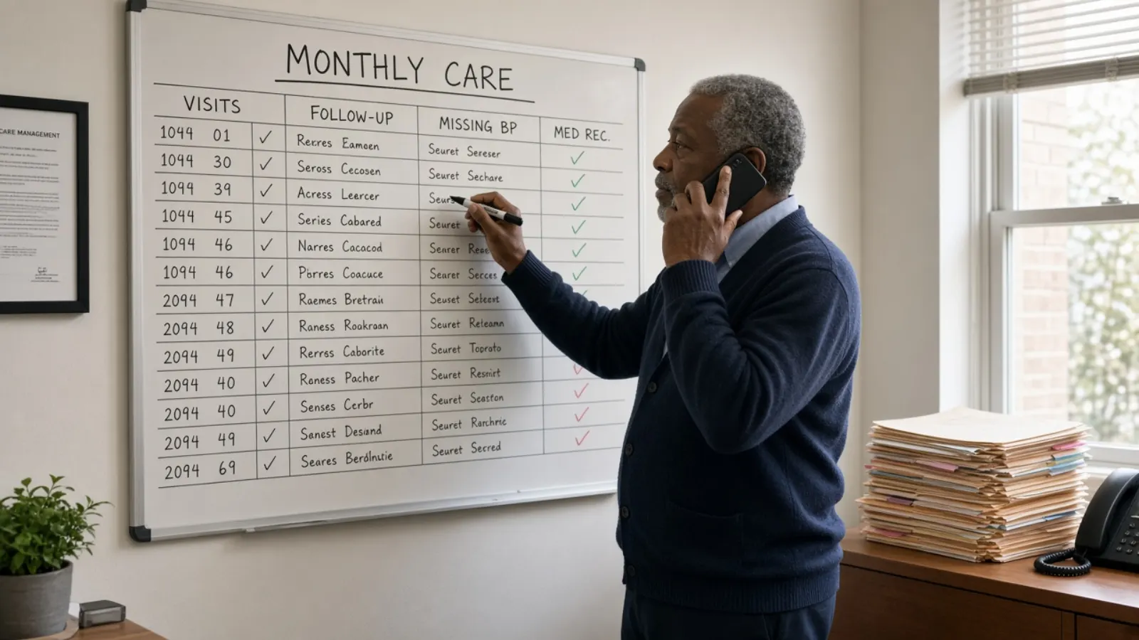 Illustrative photograph of a care-operations room reviewing the month without a dashboard wall. Not Kept Count staff, customers, or patients.