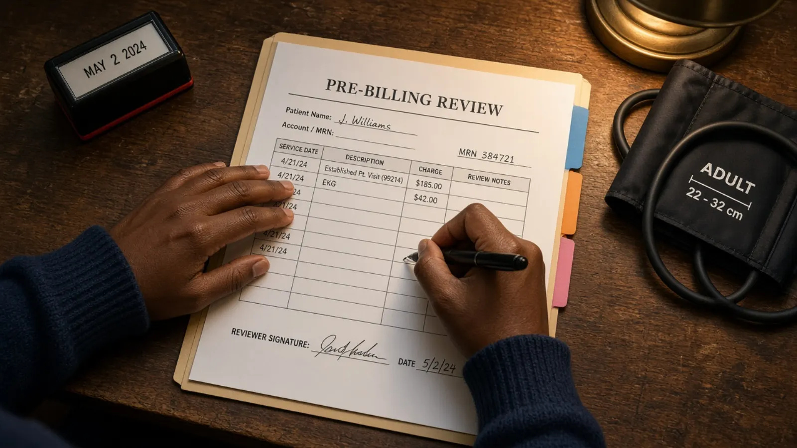 Illustrative photograph of a reviewer stamping a medical chart reviewed before billing handoff. Not Kept Count staff, customers, or patients.