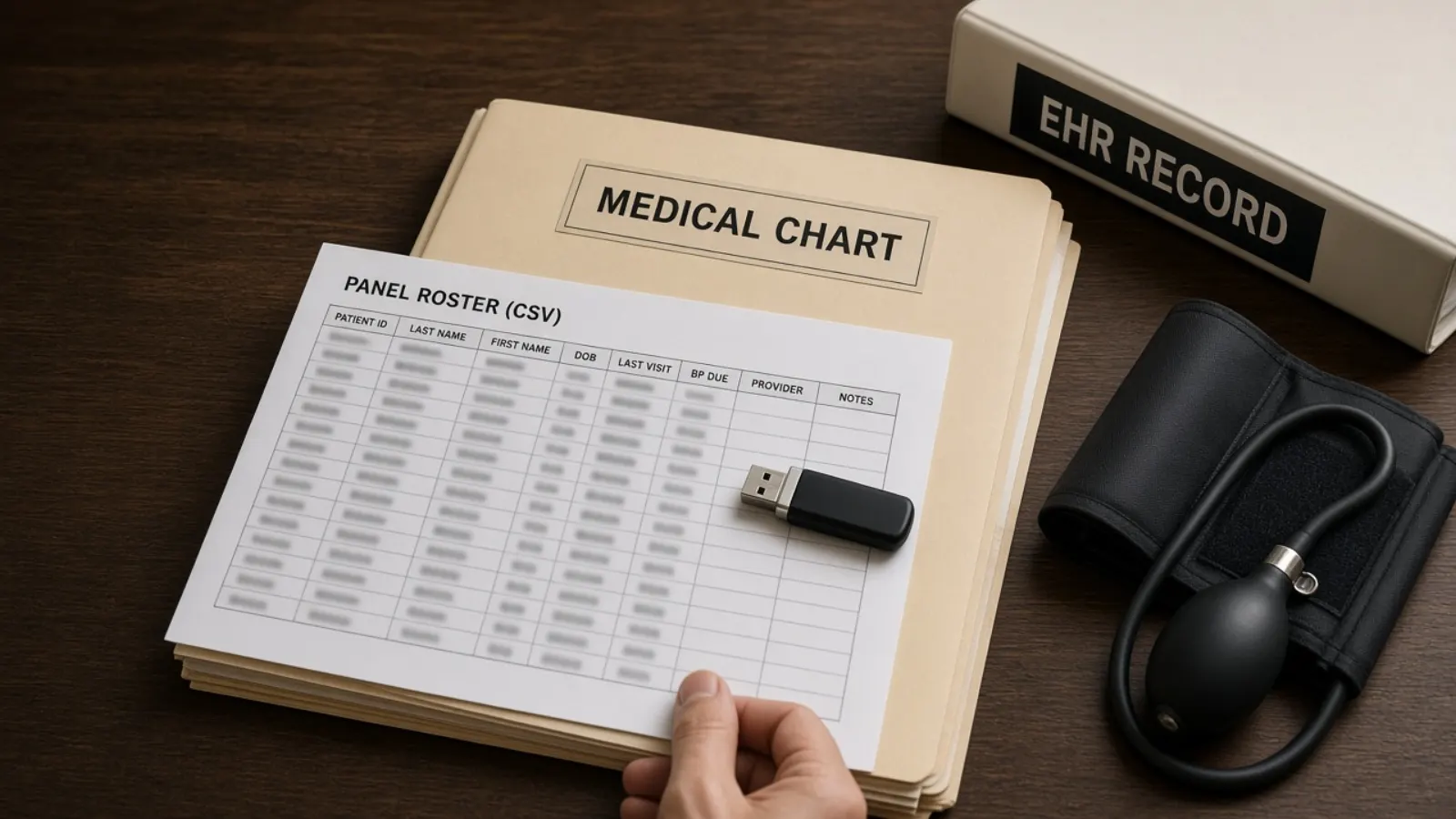 Illustrative photograph of a panel spreadsheet being handed onto a medical chart beside a blood-pressure cuff. Not Kept Count staff, customers, or patients.