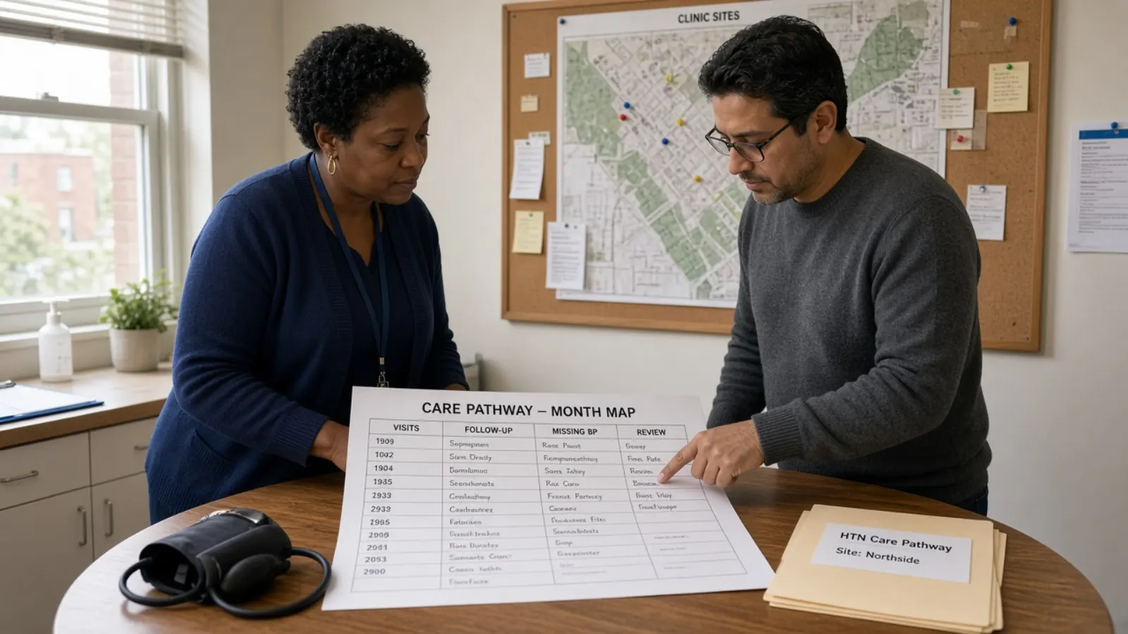 Illustrative photograph of two people mapping a care pathway with visits, follow-up, and missing blood pressure. Not Kept Count staff, customers, or patients.