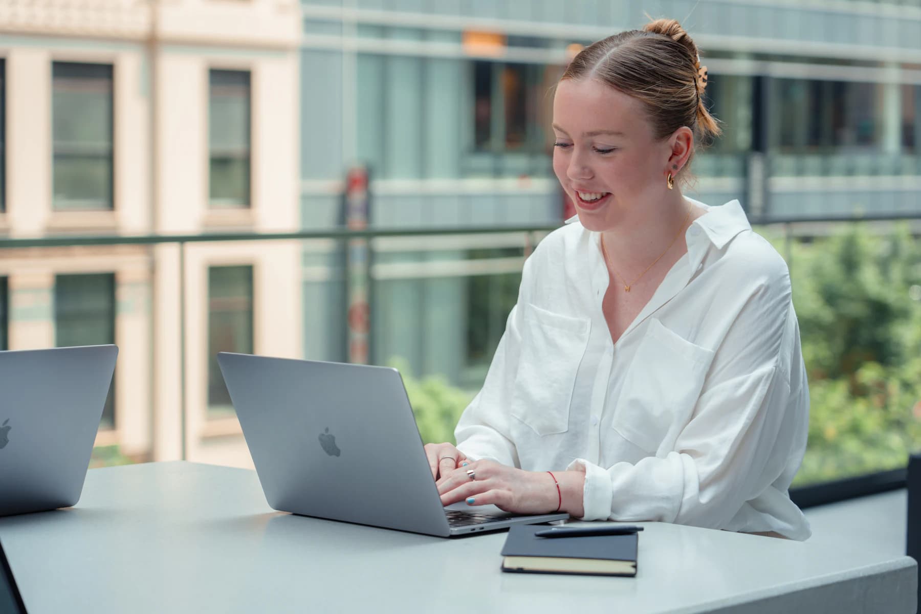 A person working through a review at a laptop